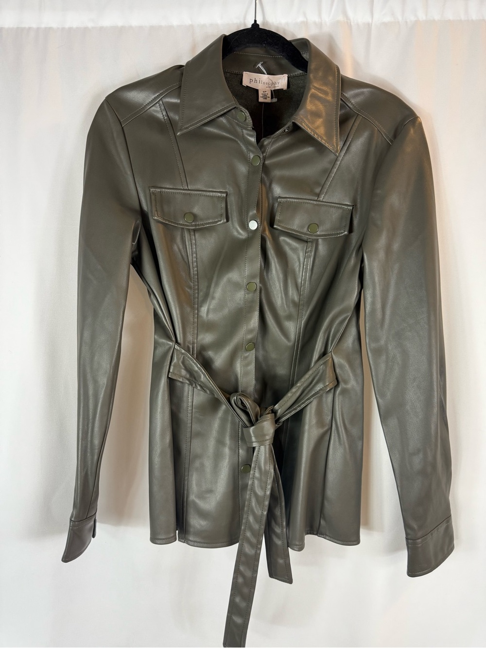 Philosophy Olive Faux-Leather Belted Shirt Jacket size:S